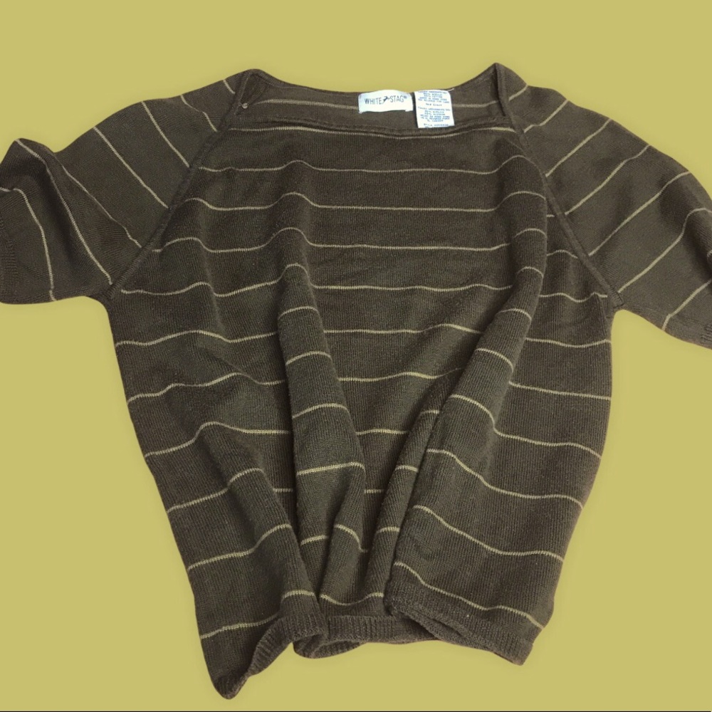 White Stag short sleeve square neck cotton sweater. Olive with stripes